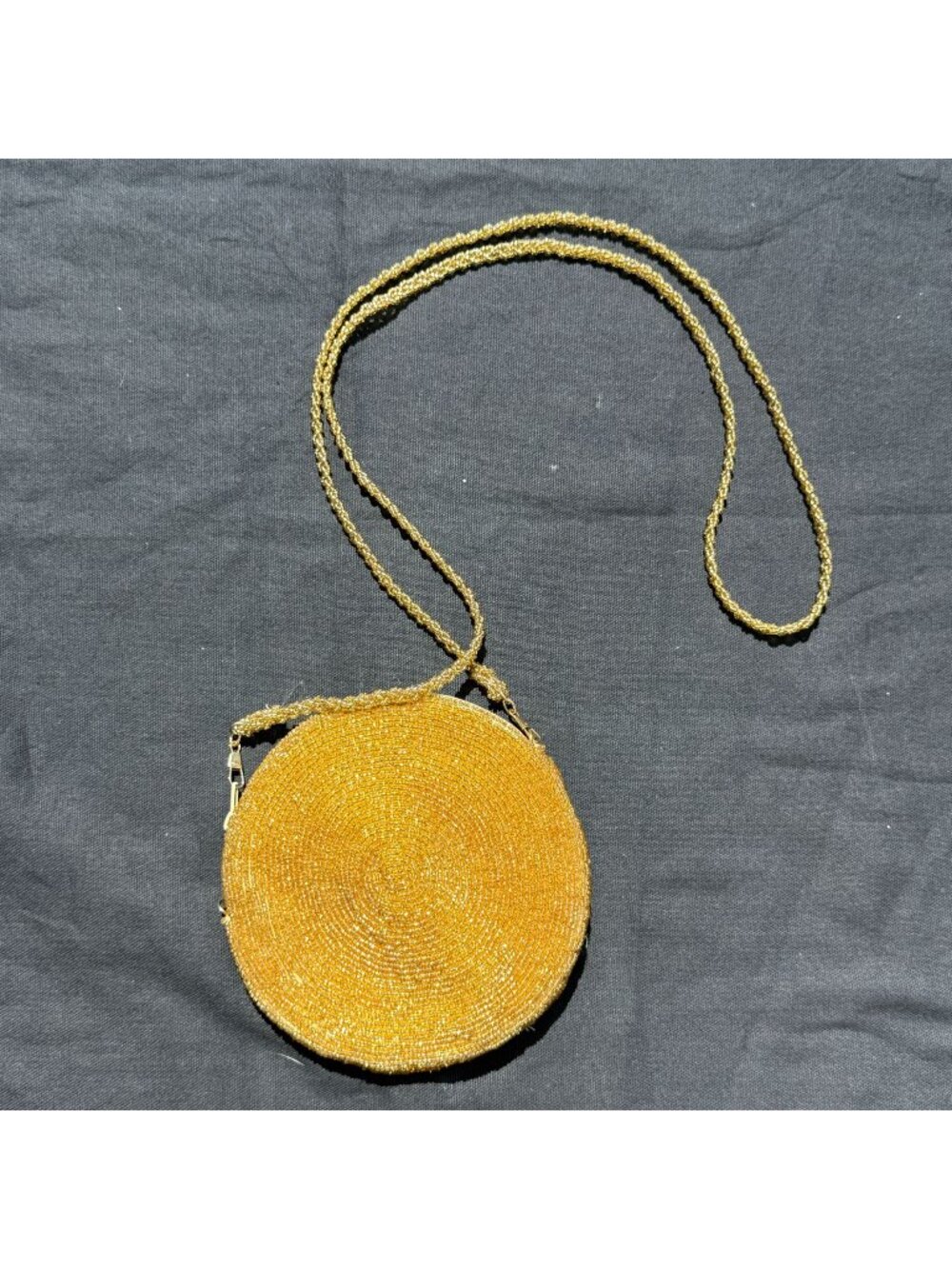 Neiman Marcus Gold Round Beaded evening bag, Yellow Lining w/ Mirror